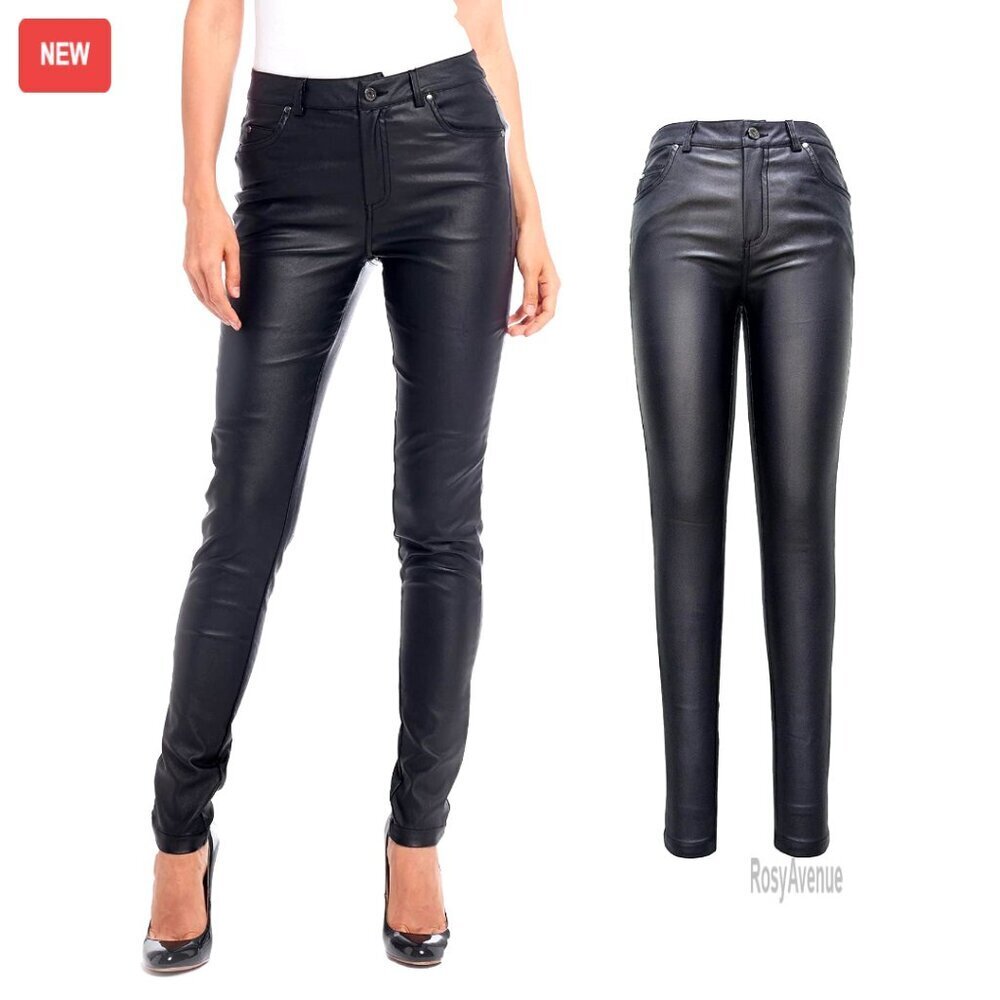 Stretchy Faux Leather Jeggings with Pockets, High Waist, Regular & Plus Size